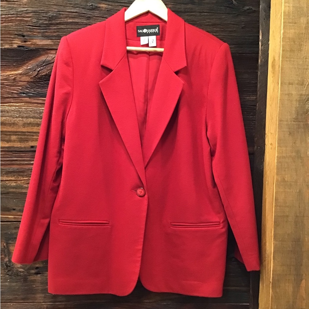 Sag Harbor Womens Wool Blazer Size 14P Single Breasted Shoulder Pads Red Jacket - Picture 14 of 15